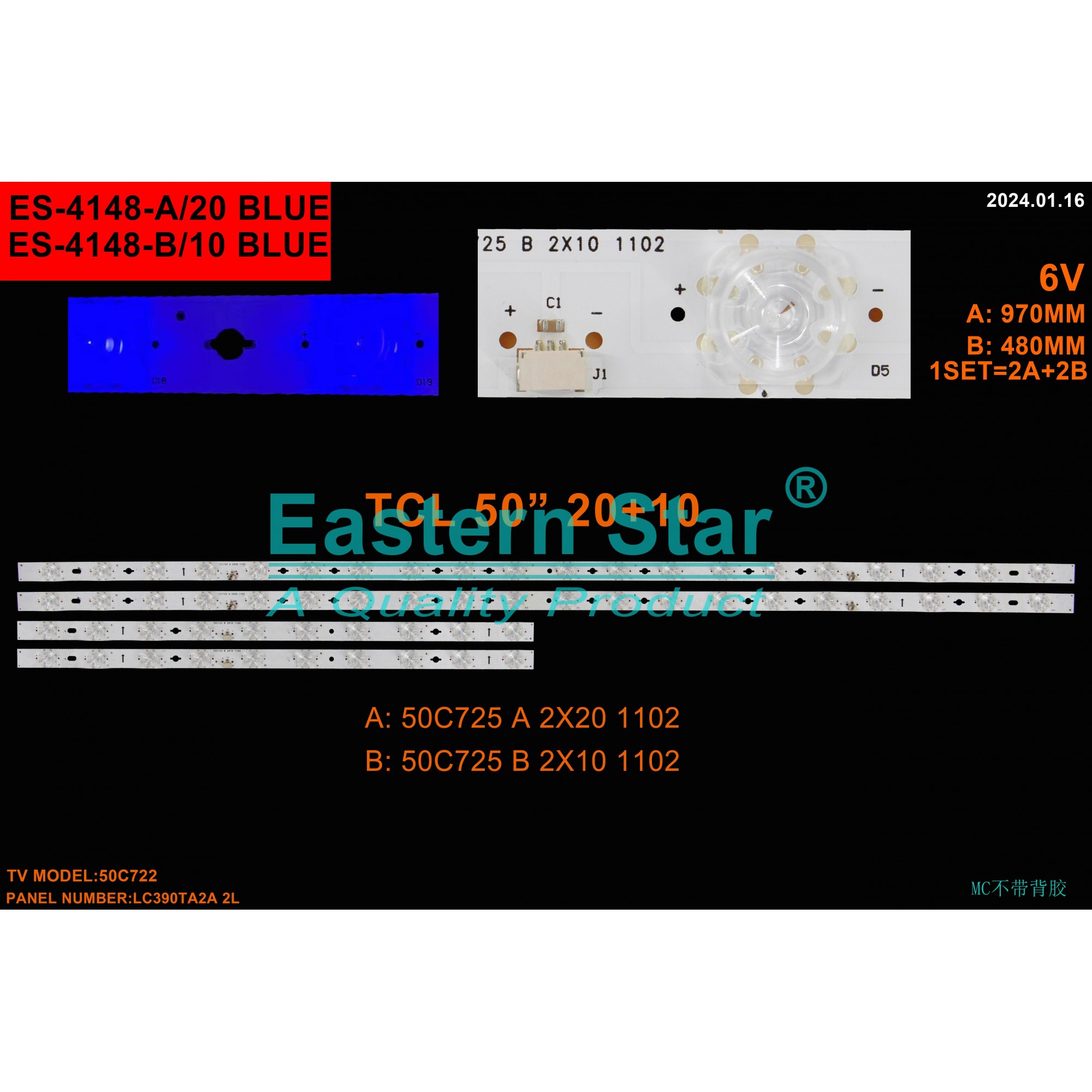 ES-4148, TCL, 50C725, LED BAR, 50C721, 50C725 A 2X20 1102, 50C725 B 2X10 1102, LVU500NDEL HS9W15 V1 , LVU500NDELHS9W15V1, TV LED BAR